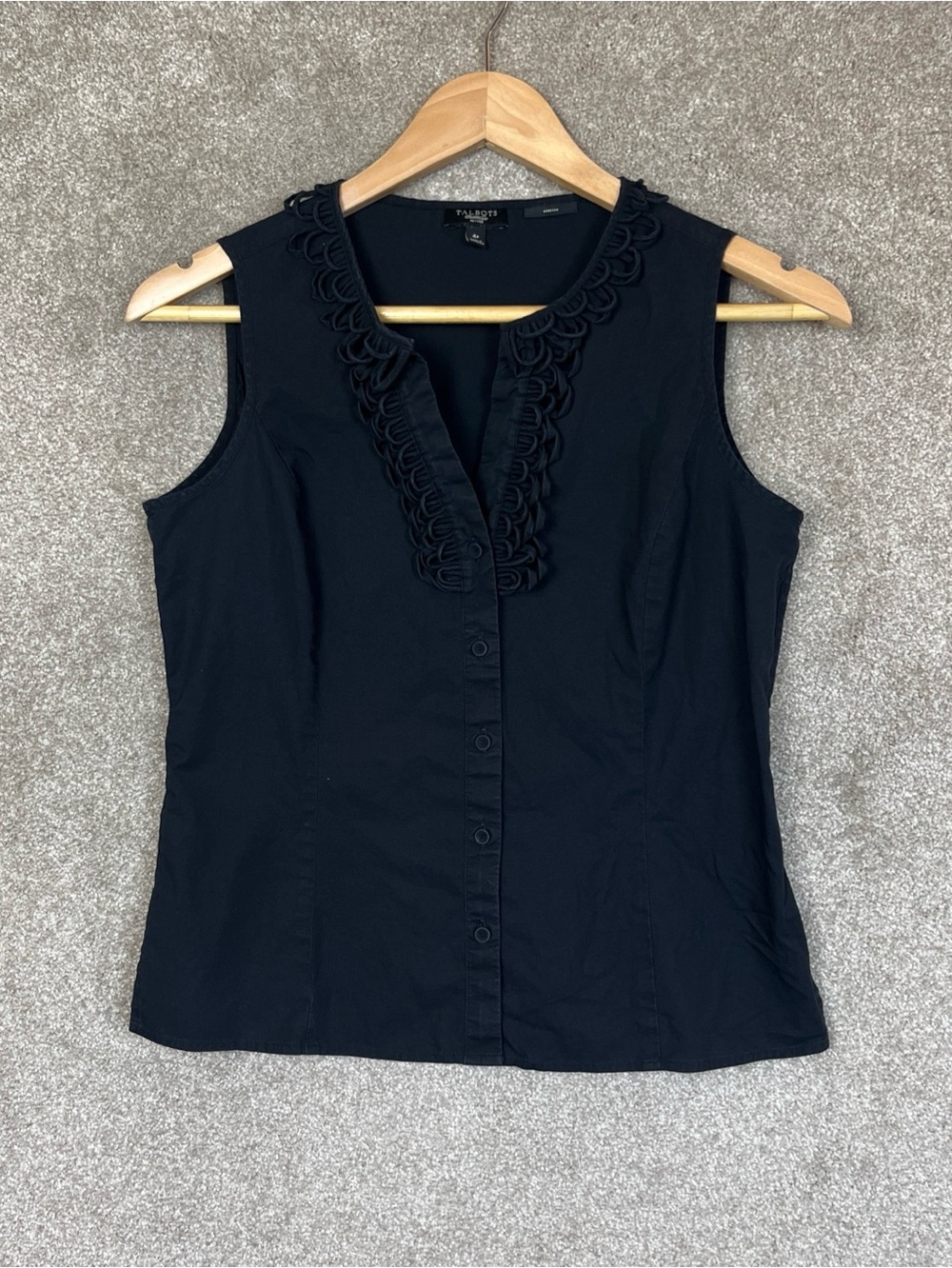 Talbots Shirt Womens 4 Petite Black Cotton Blend Sleeveless Button Front- 5213